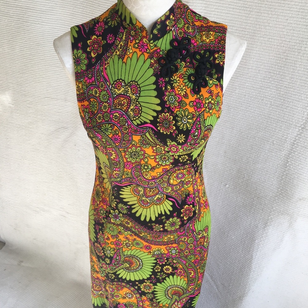 Vintage 60s 70s Paisley Print Neon Long Maxi Dress - Picture 2 of 8